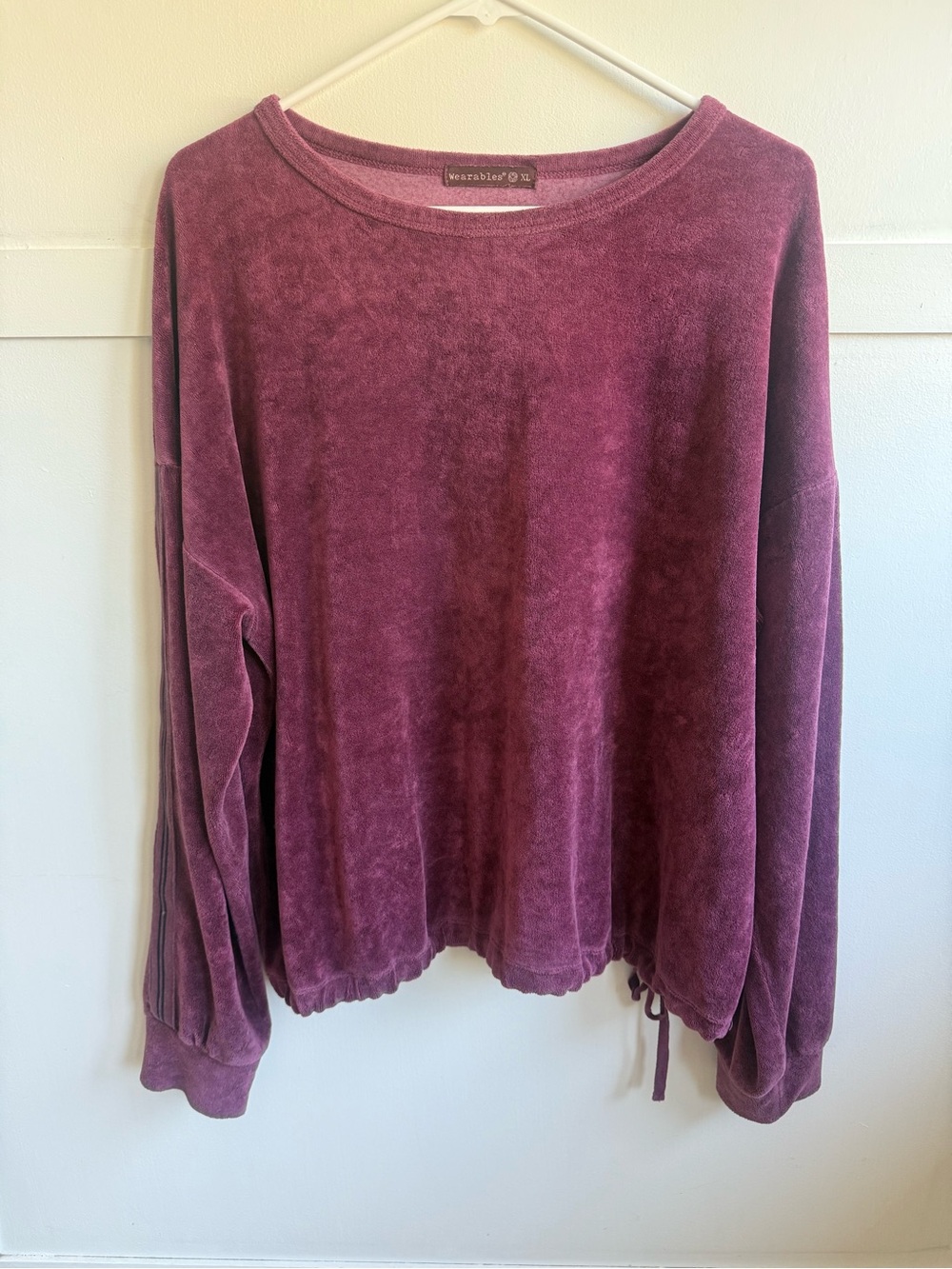 XCVI Wearables Pullover Womens XL Maroon Drawcord Hem Velour Plush Sweatshirt